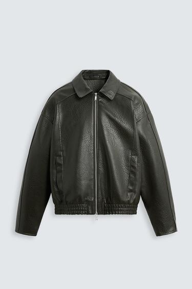 Zara EMBOSSED FAUX LEATHER JACKET - Dark olive