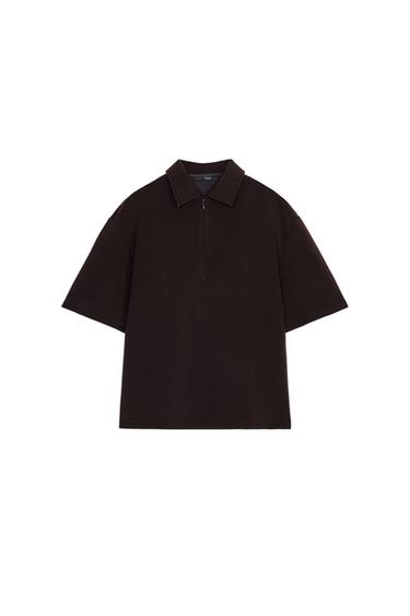 Front view of brown polo shirt with short zip and classic collar