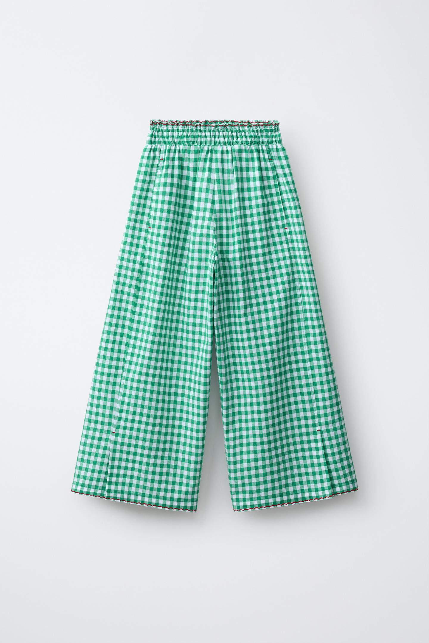 Детские брюки Zara Gingham Wide Leg, цвет: Белый / Зелёный — фото 2