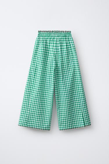 PANTALÓN WIDE LEG CUADRO VICHY - Blanco / Verde de Zara