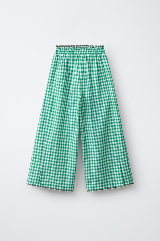 WIDE-LEG GINGHAM TROUSERS - White / Green de Zara - Imagen 0