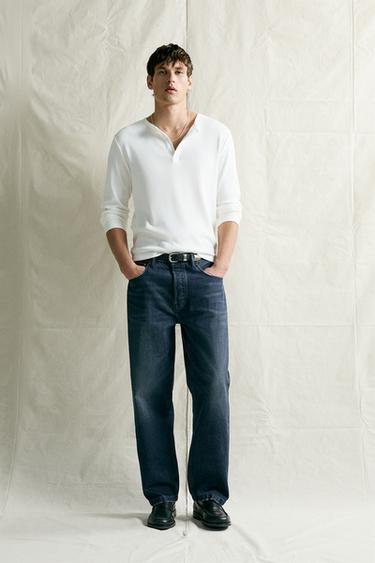 Zara COTTON-LINEN HENLEY T-SHIRT - White