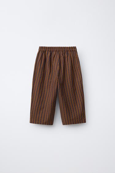 STRIPED SEERSUCKER BALLOON TROUSERS - Brown by Zara - Image 1