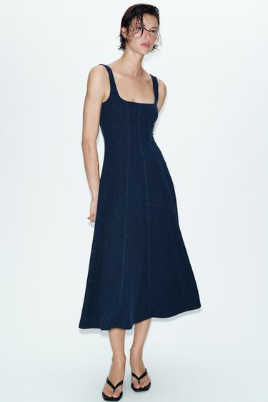 Zara MIDI STRAPPY DRESS - Navy marl