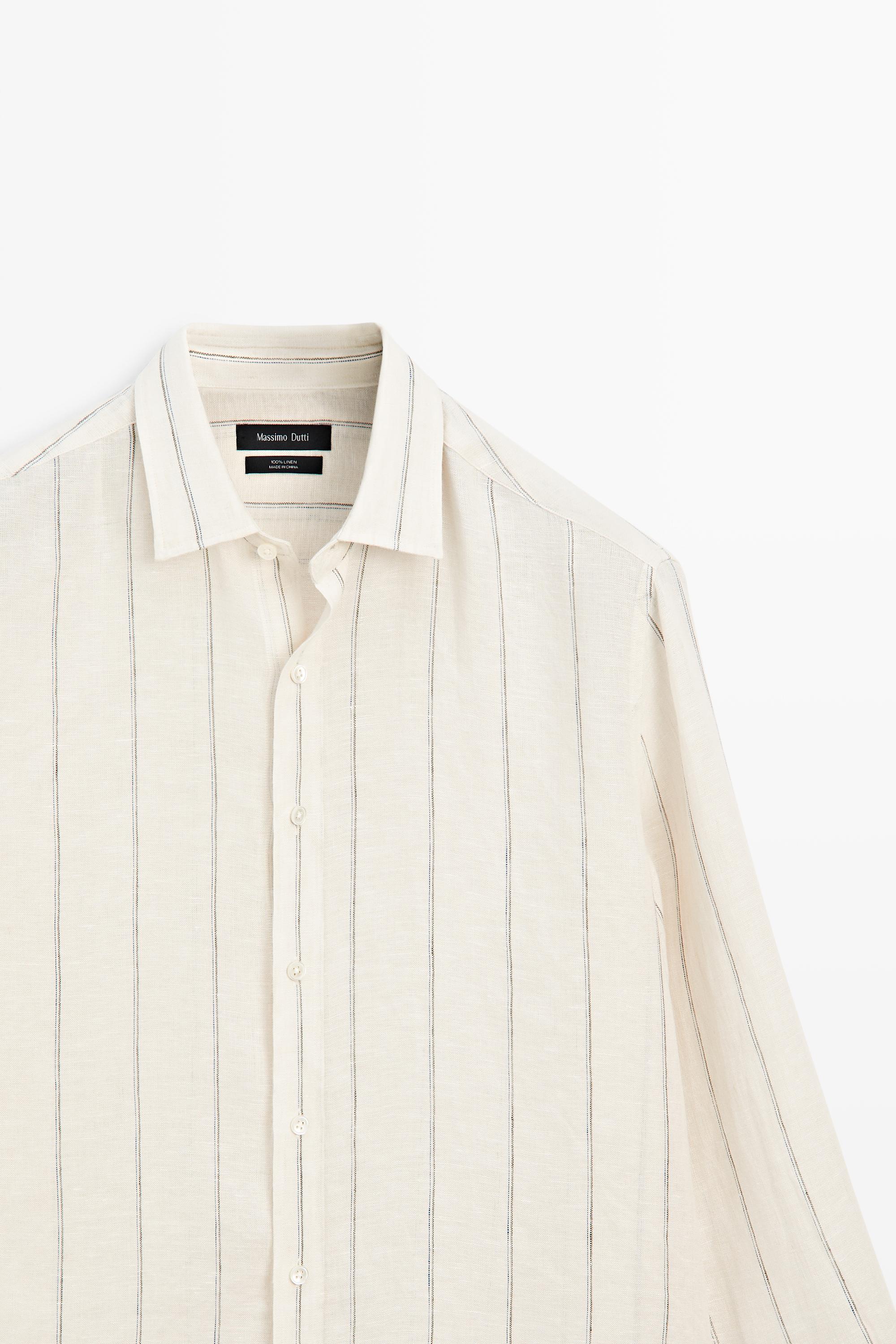 100% linen regular fit striped shirt — Ecru