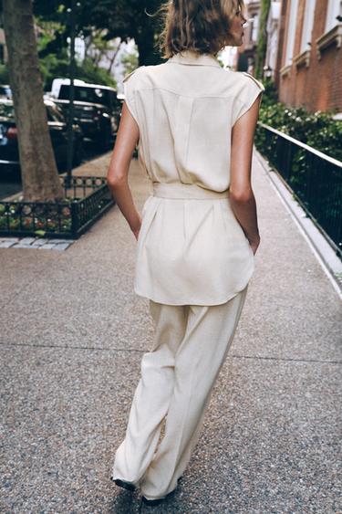 STRAIGHT-LEG LINEN BLEND TROUSERS - Light beige by Zara - Image 2