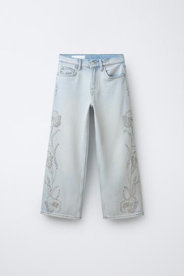WIDE-LEG JEANS WITH FLOWERS AND RHINESTONES - Blue by Zara