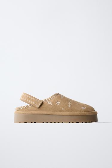 Zara EMBROIDERED FAUX FUR CLOGS - Brown