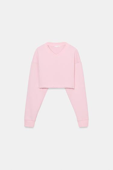 V-NECK CROPPED SWEATSHIRT - Pale pink by Zara - Image 3