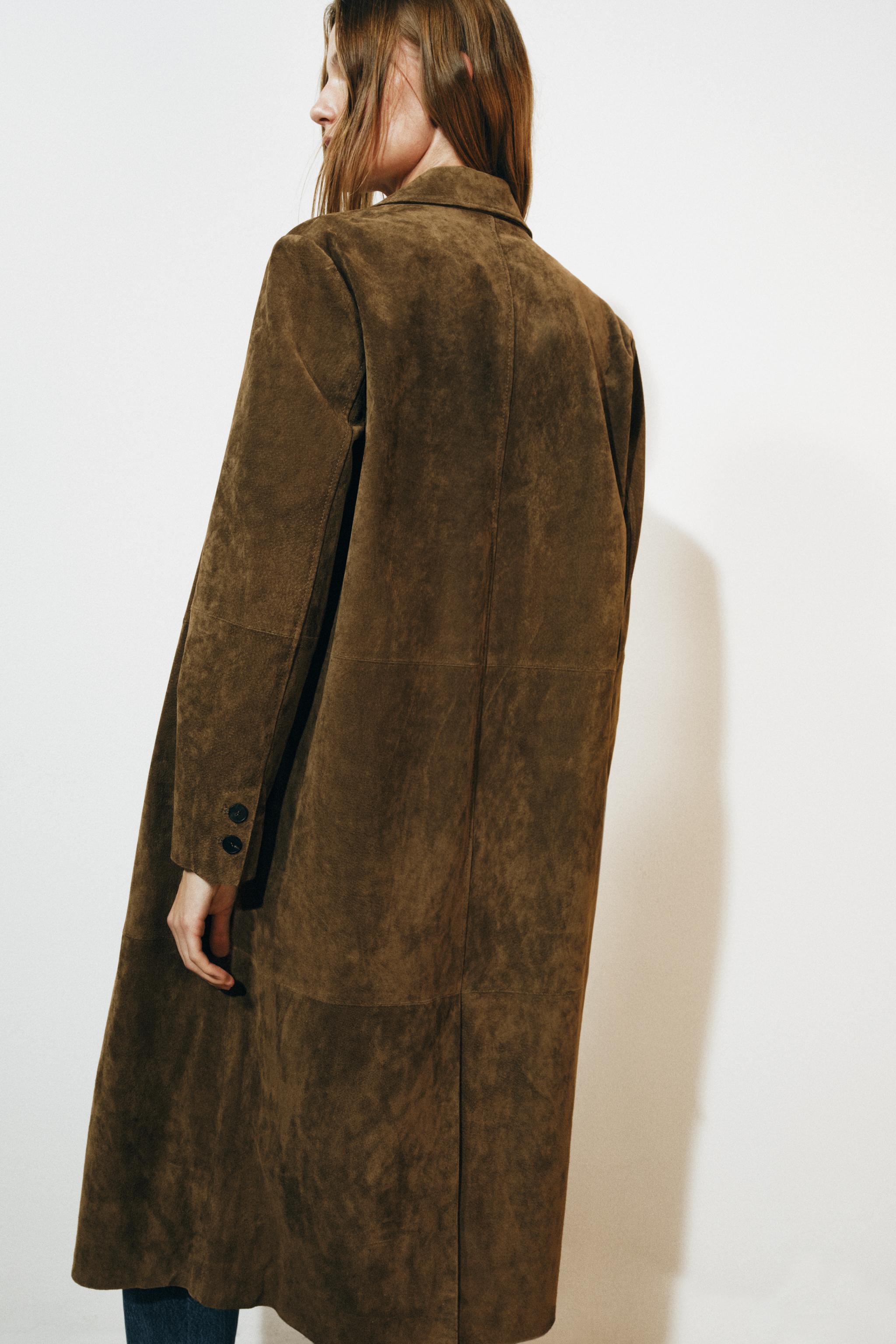 ZW COLLECTION 100%レザー ロングコート - オリーブグリーン | ZARA