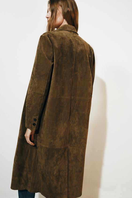ZW COLLECTION 100%レザー ロングコート - オリーブグリーン | ZARA 