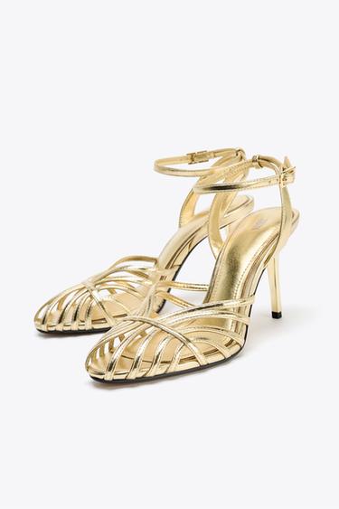 METALLIC HIGH-HEEL CAGE SANDALS - Gold by Zara - Image 3