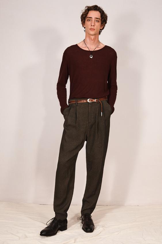 PLEATED GEOMETRIC JACQUARD TROUSERS - Brown by Zara - Image 0