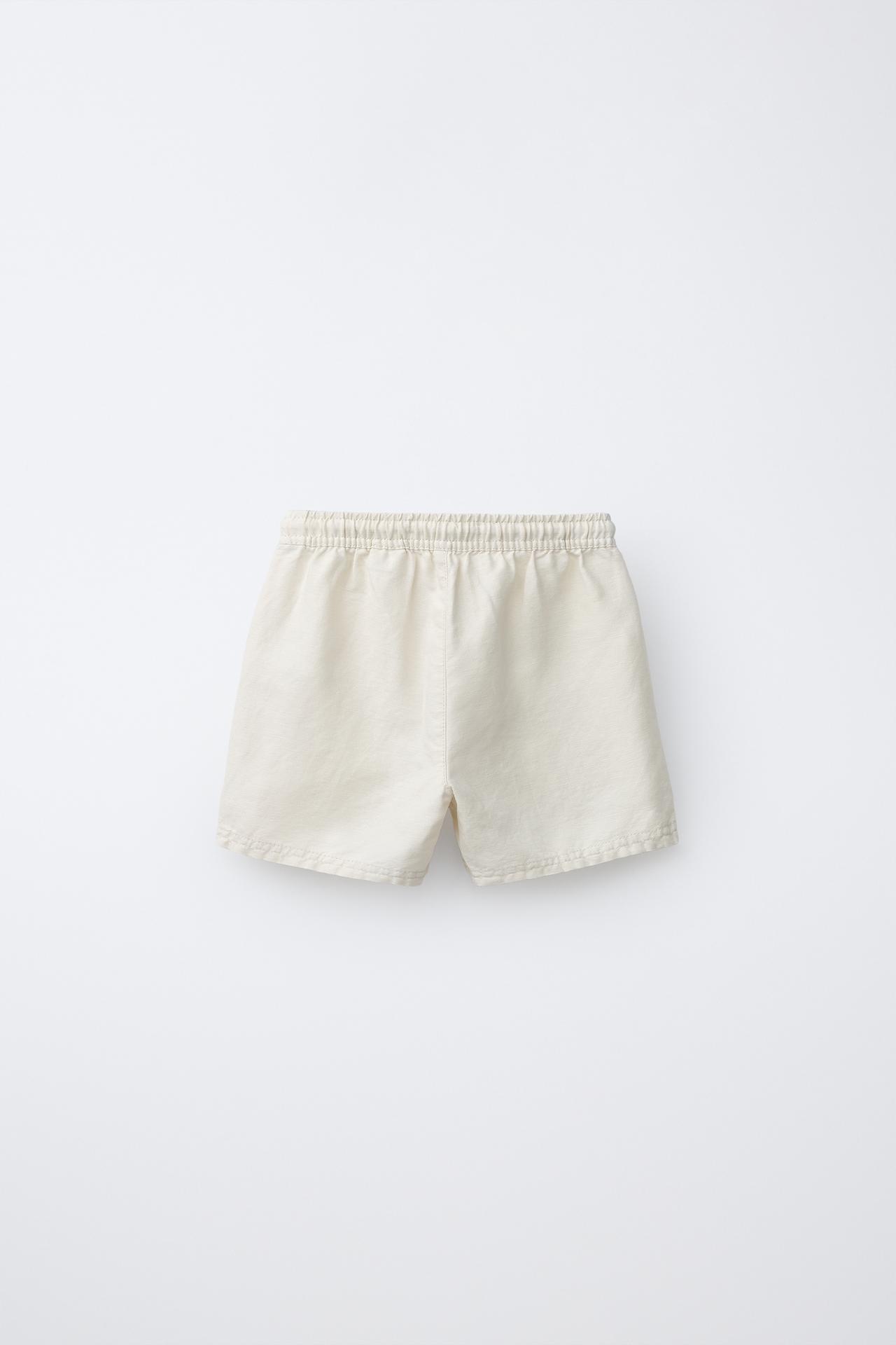COTTON AND LINEN BLEND SHORTS — Ecru
