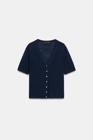 100% EXTRA FINE WOOL SHORT SLEEVE CARDIGAN - Navy blue by Zara - Image 3