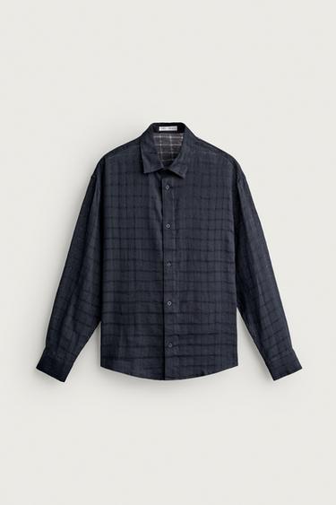 RELAXED FIT LINEN/COTTON JACQUARD CHECK SHIRT - Navy blue by Zara