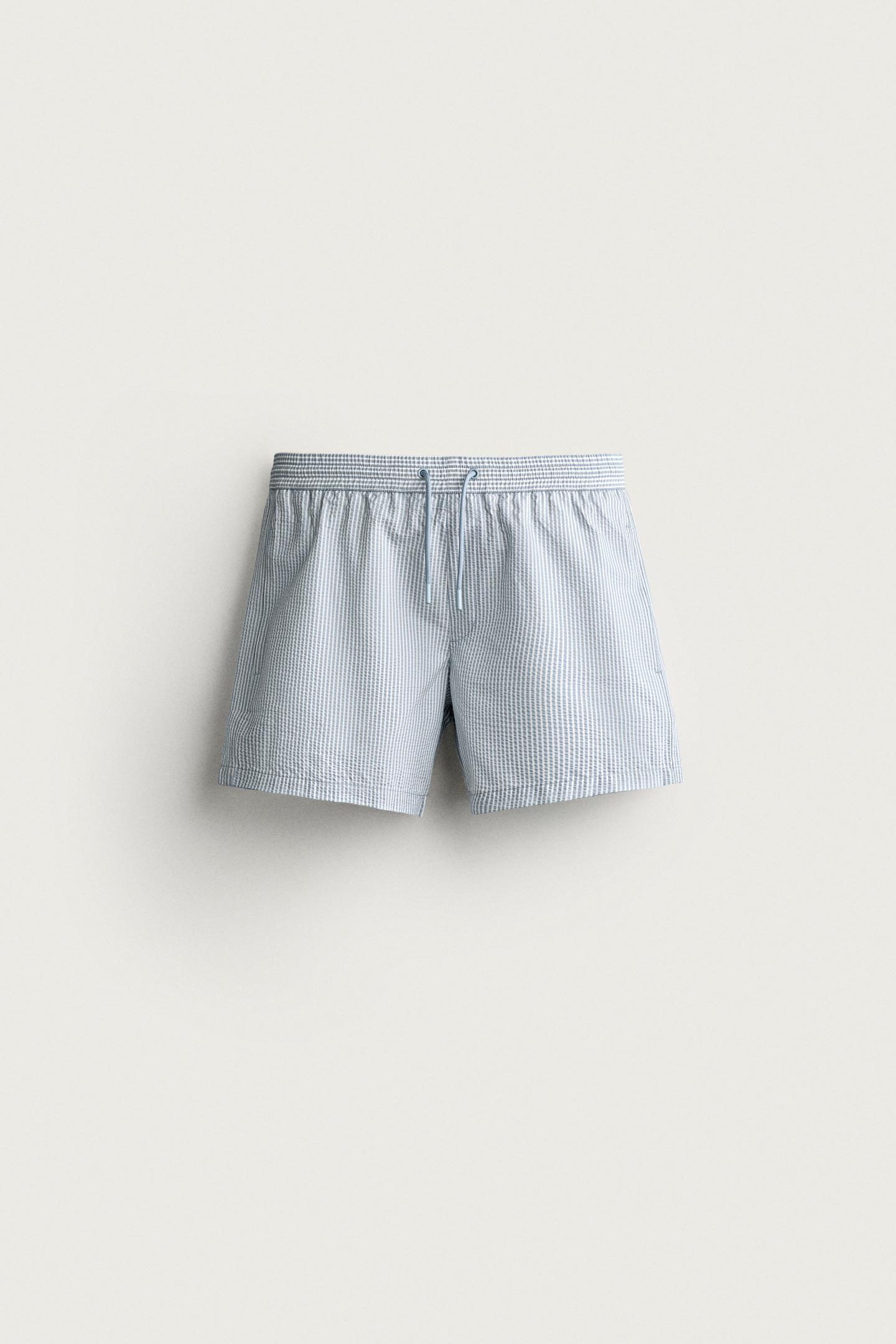 Пляжные шорты для мужчин, средней длины, сирсакер — Zara, цвет: Небесно-голубой — фото 1