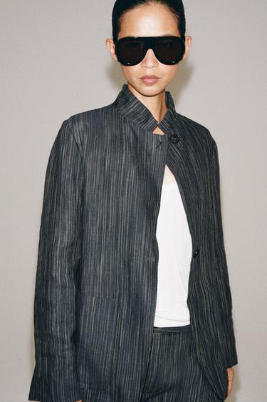 Zara ZW COLLECTION STRIPED LINEN BLAZER - Blue gray