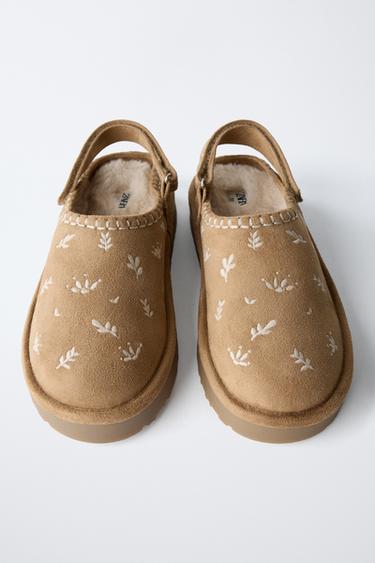 EMBROIDERED SHEEPSKIN CLOGS - Brown by Zara - Image 4