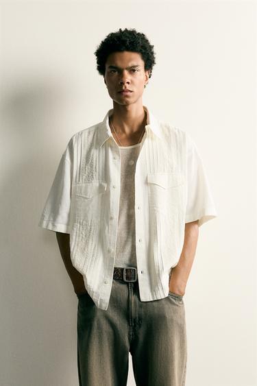 RELAXED FIT SHIRT WITH EMBROIDERY AND PLEATS - Ecru by Zara