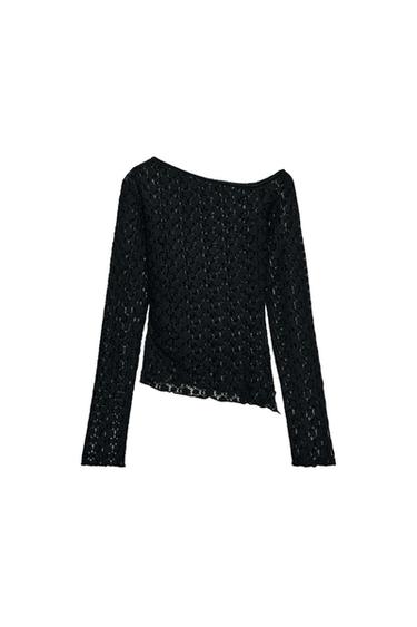 Zara ASYMMETRIC LACE T-SHIRT - Black