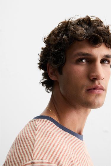 STRIPED T-SHIRT WITH CONTRAST RIB - Ecru / Red by Zara - Image 4