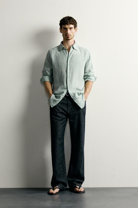 100% LINEN REGULAR FIT SHIRT - Blue / Green by Zara - Image 0
