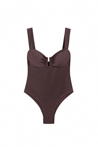 Swimsuit with gathered detail — Brown 1