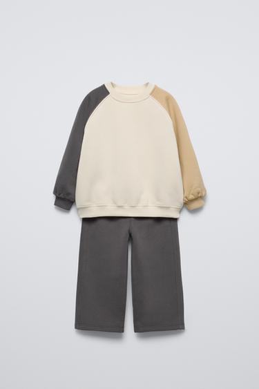 Zara CONTRAST SLEEVE SWEATSHIRT AND PANTS MATCHING SET - Ecru