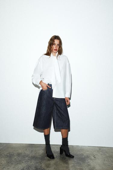 OVERSIZE POPLIN SHIRT WITH LACE-TRIMMED TIE - White by Zara - Image 0