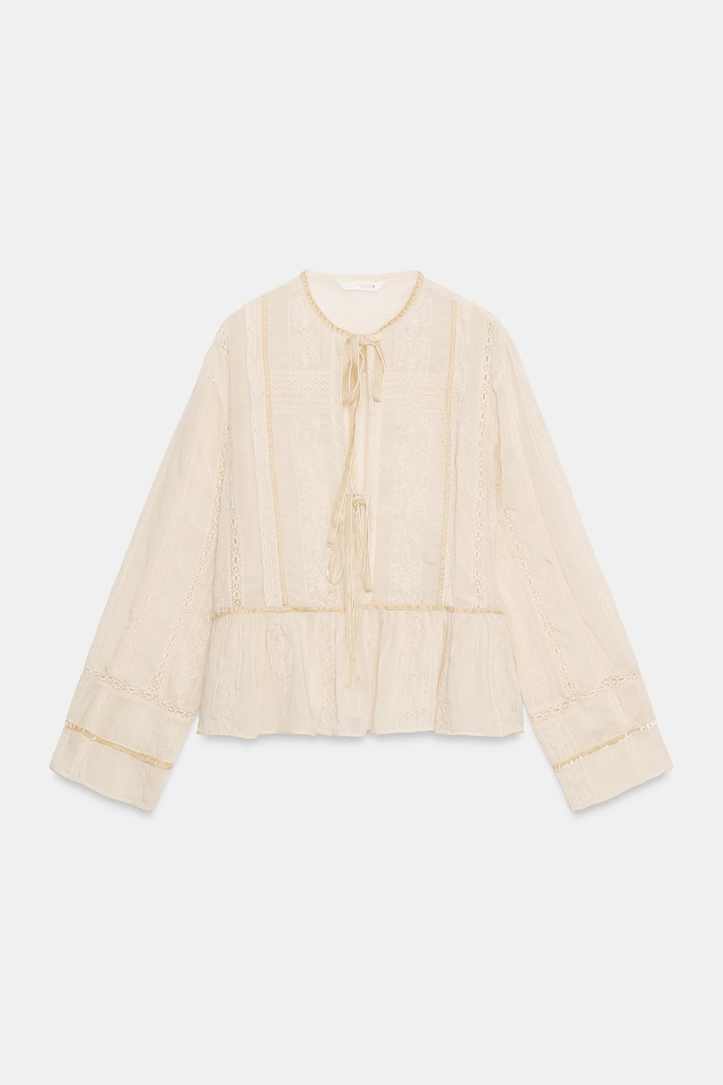 Женская рубашка Zara Romantic Tie-Front Shirt ZW Collection, цвет: Бежевый — фото 7