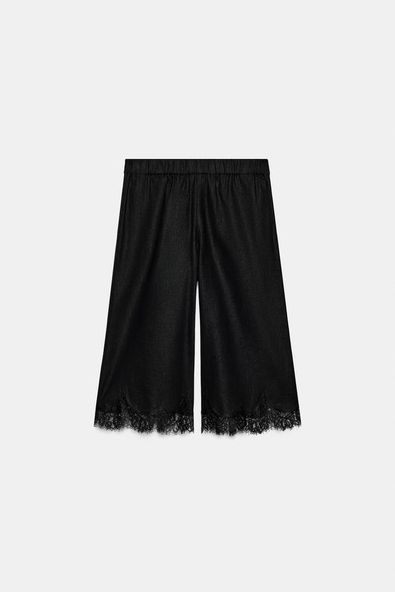 BERMUDA LONG EN LIN ET DENTELLE - Noir de Zara - Image 7