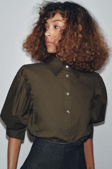 ZW COLLECTION BALLOON SLEEVE POPLIN SHIRT - Khaki by Zara