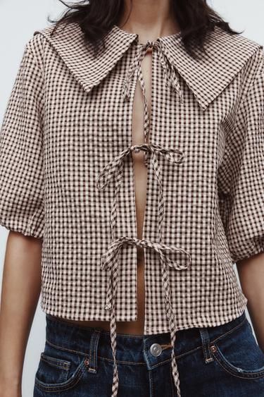 GINGHAM SHIRT WITH PETER PAN COLLAR - Khaki by Zara - Image 2