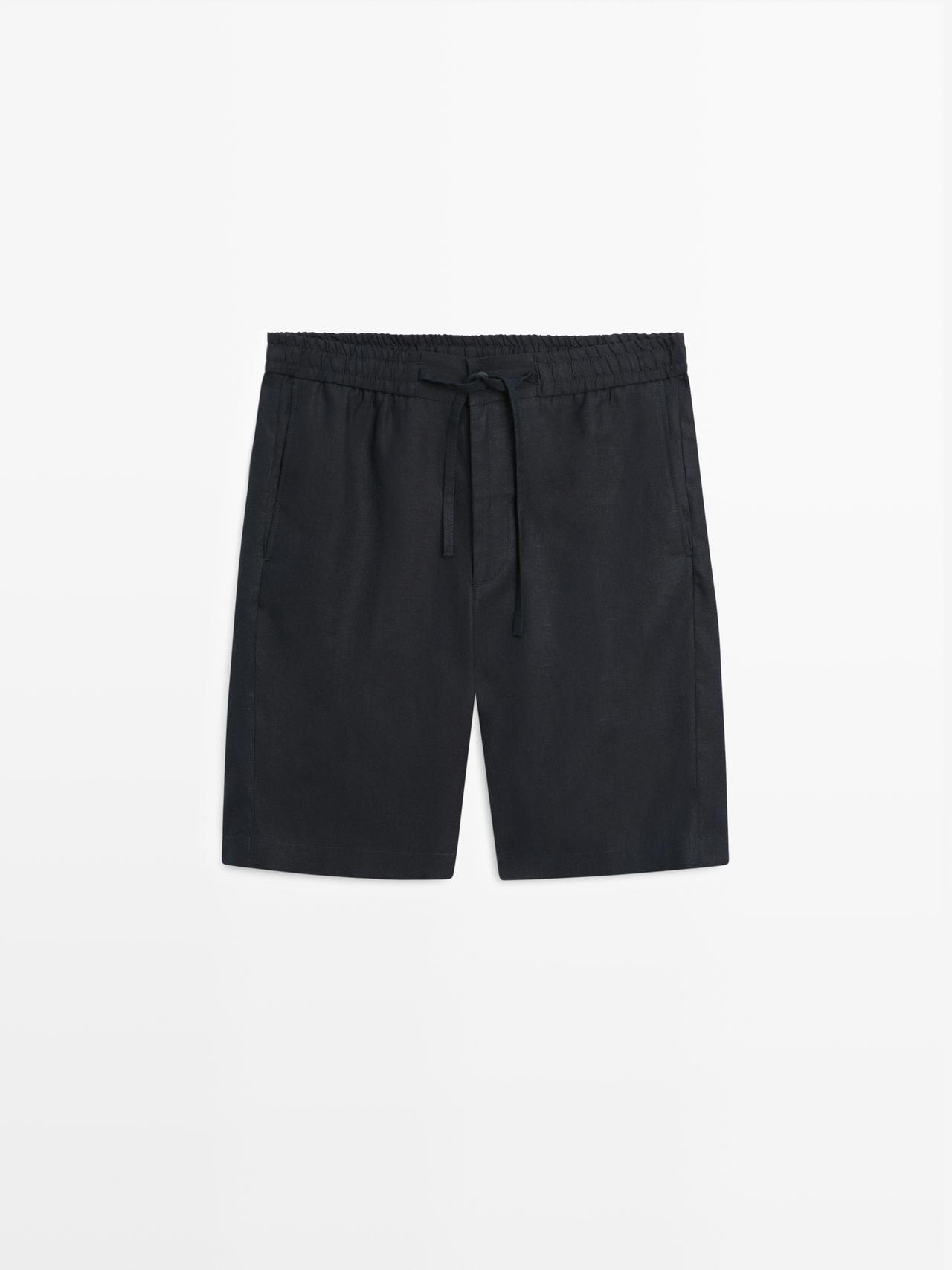 100% linen short Bermuda shorts — Navy blue