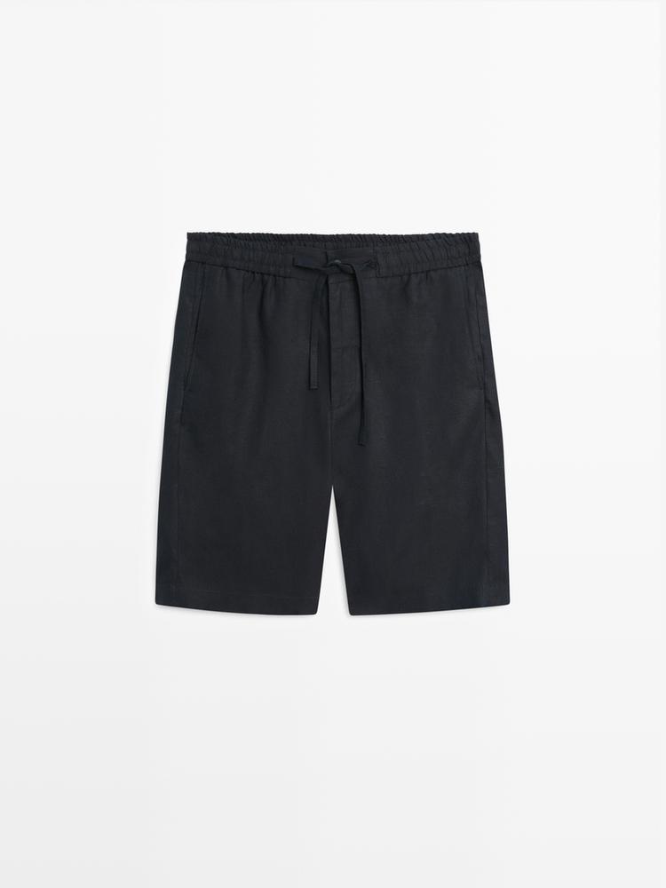 100% linen short Bermuda shorts — Navy blue