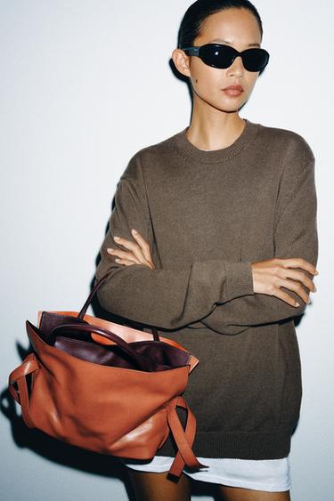 Zara LEATHER FLAP BAG - Beige