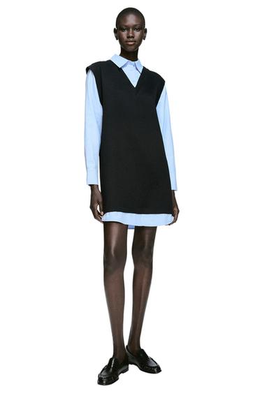 VESTIDO MINI COMBINADO POPELÍN - Azul de Zara