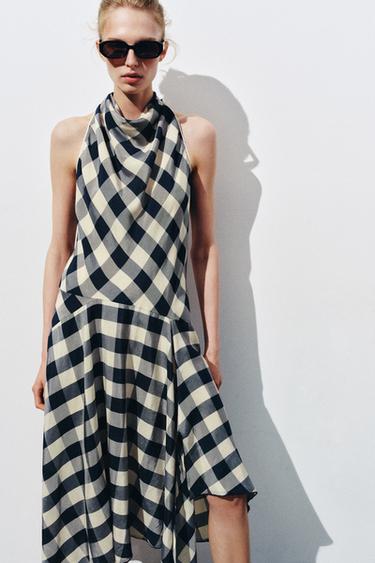 ZW COLLECTION HALTER CHECK DRESS - Navy / White by Zara