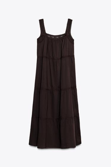EMBROIDERED DRESS WITH LACE TRIM - Brown by Zara - Image 6