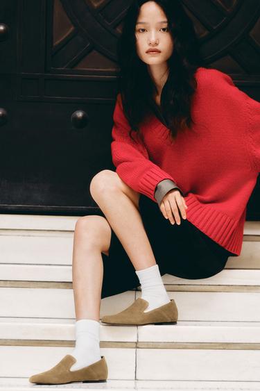 Zara 高鞋面麂皮樂福鞋 - 深卡其綠