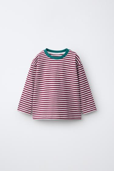 CAMISETA RAYAS CUELLO CONTRASTE - Blanco / Granate de Zara