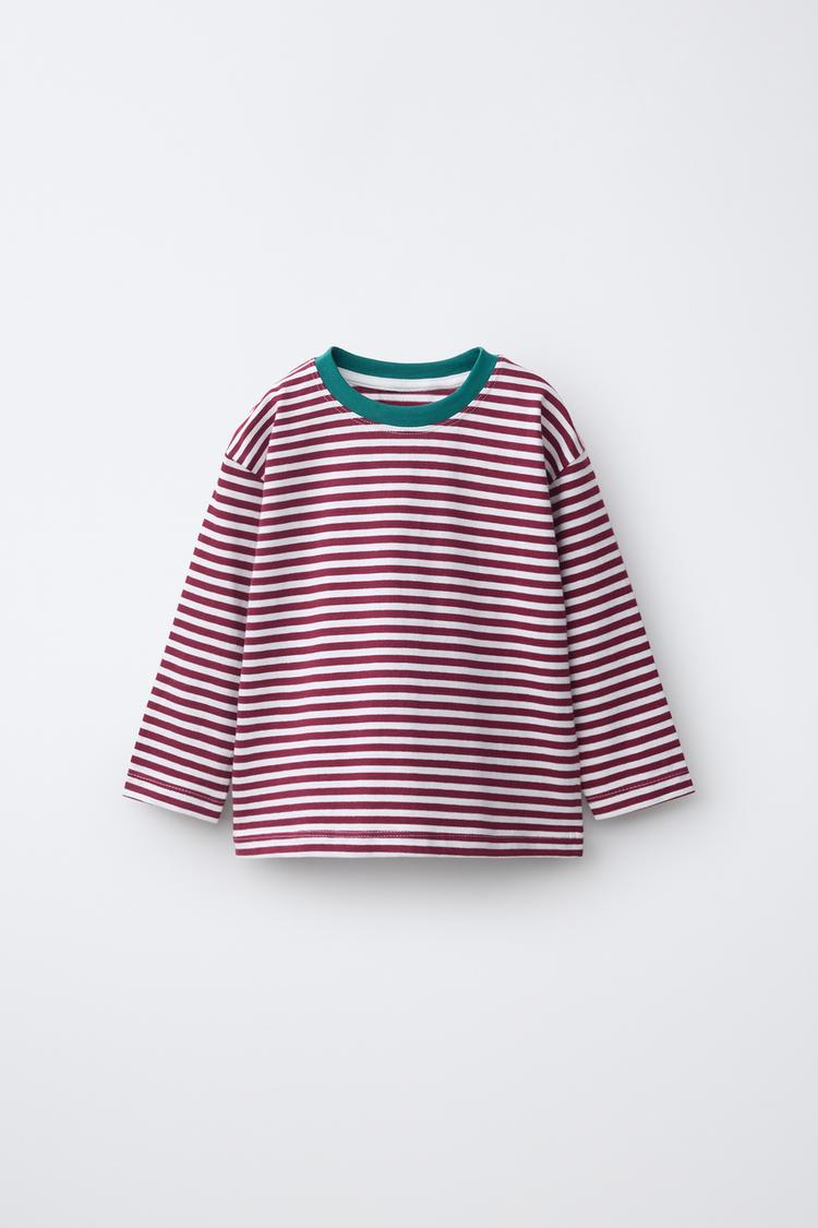 STRIPED CONTRAST COLLAR T-SHIRT — White / Maroon