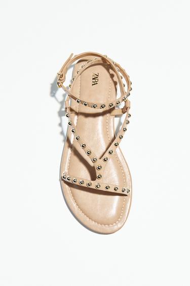 SANDALS WITH METALLIC BEADED STRAPS - Beige by Zara