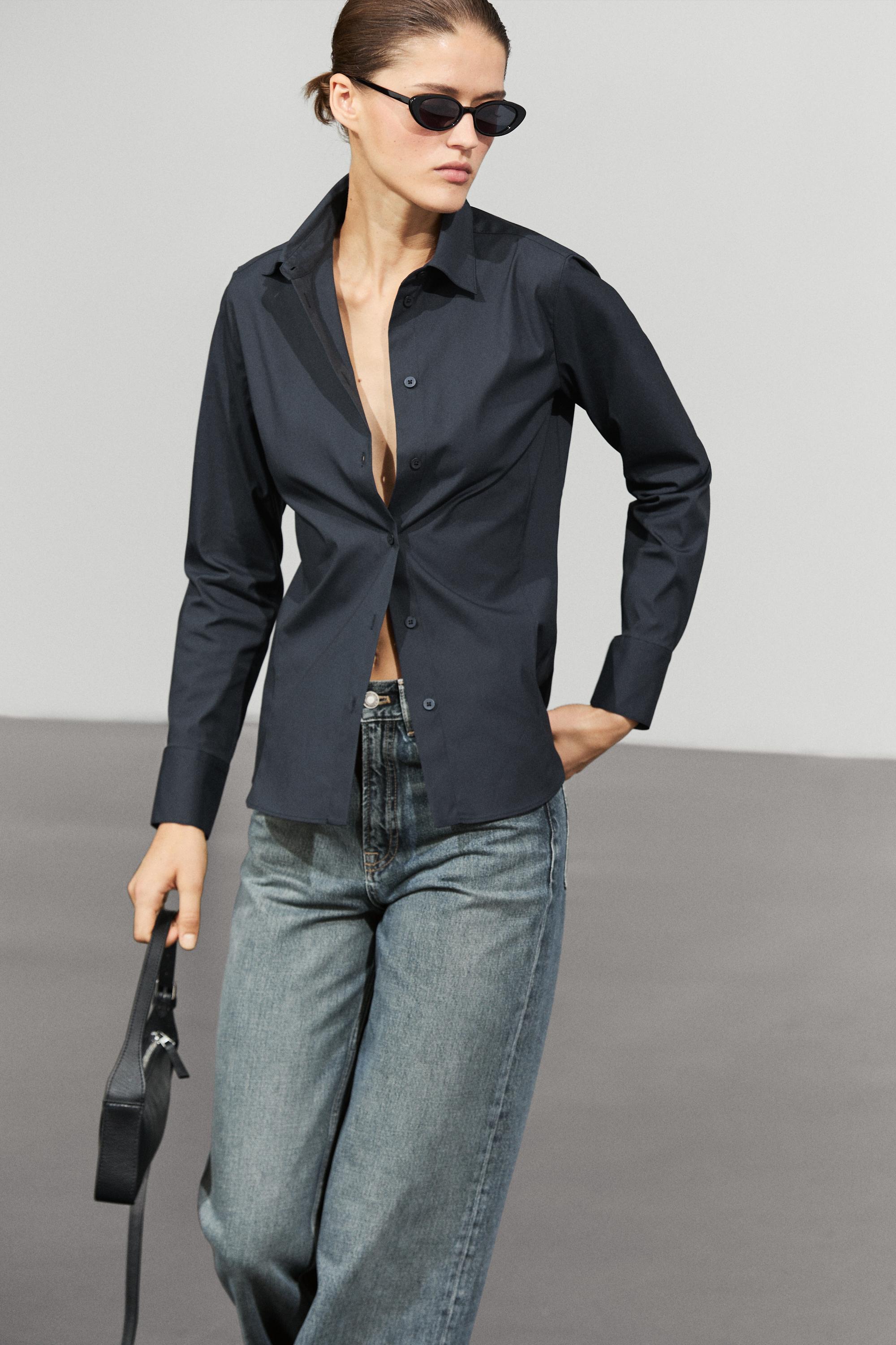 Cotton blend poplin shirt — Navy blue