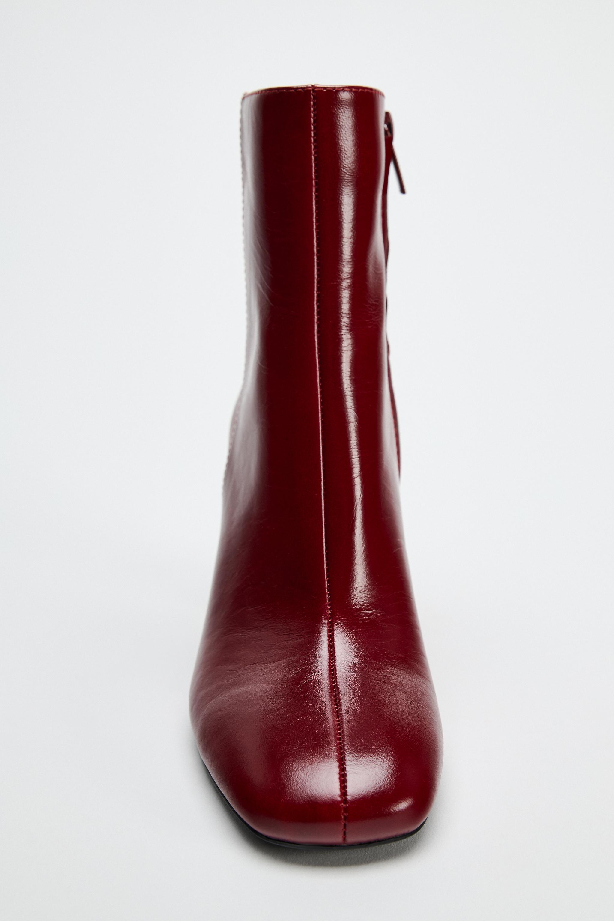 Zara Heeled Leather Ankle Boots Burgundy Red Women