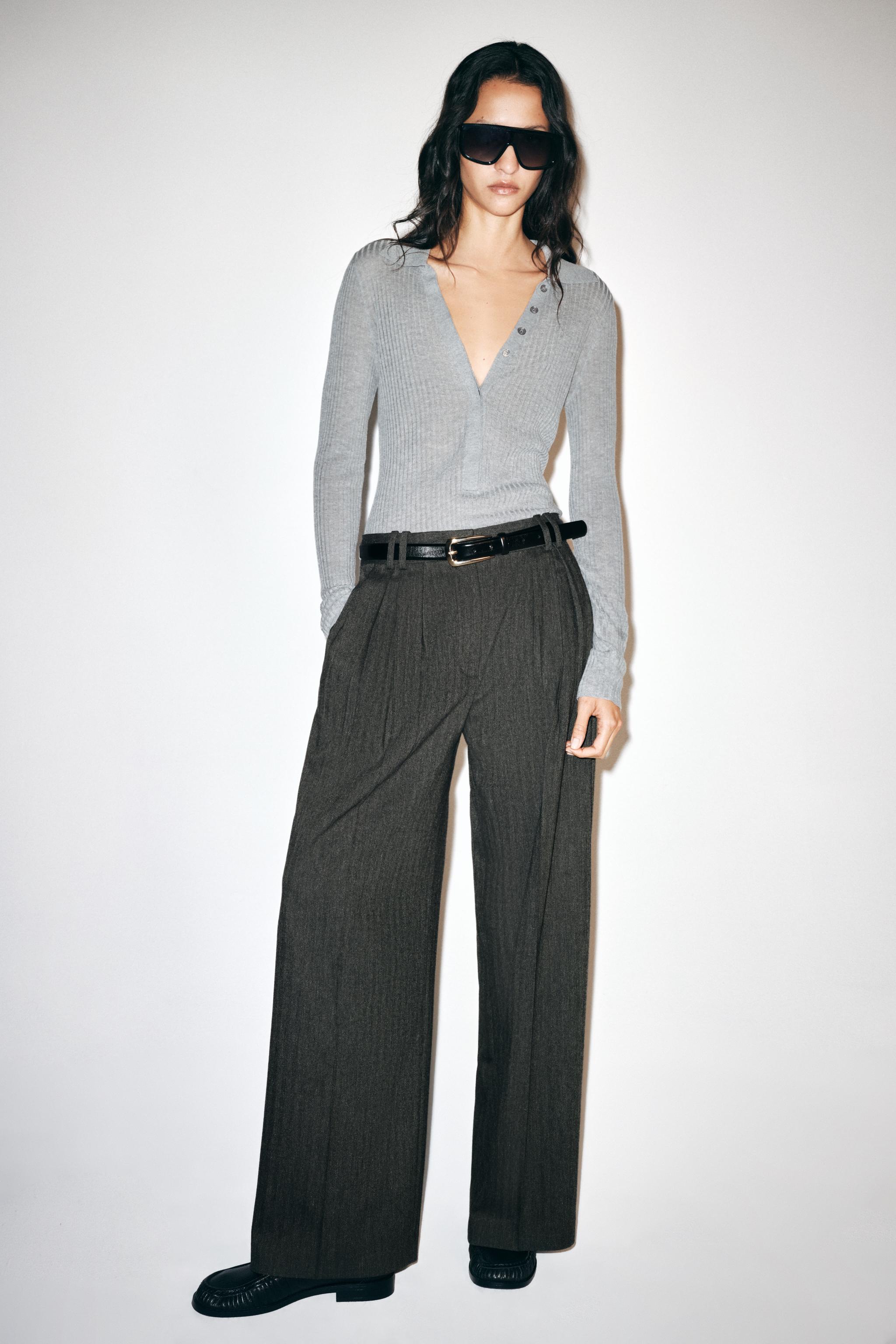 ZW COLLECTION ヘリンボーンワイドパンツ - ダークグレー | ZARA Japan