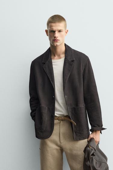 Zara WASHED EFFECT SUEDE LEATHER BLAZER - Dark brown