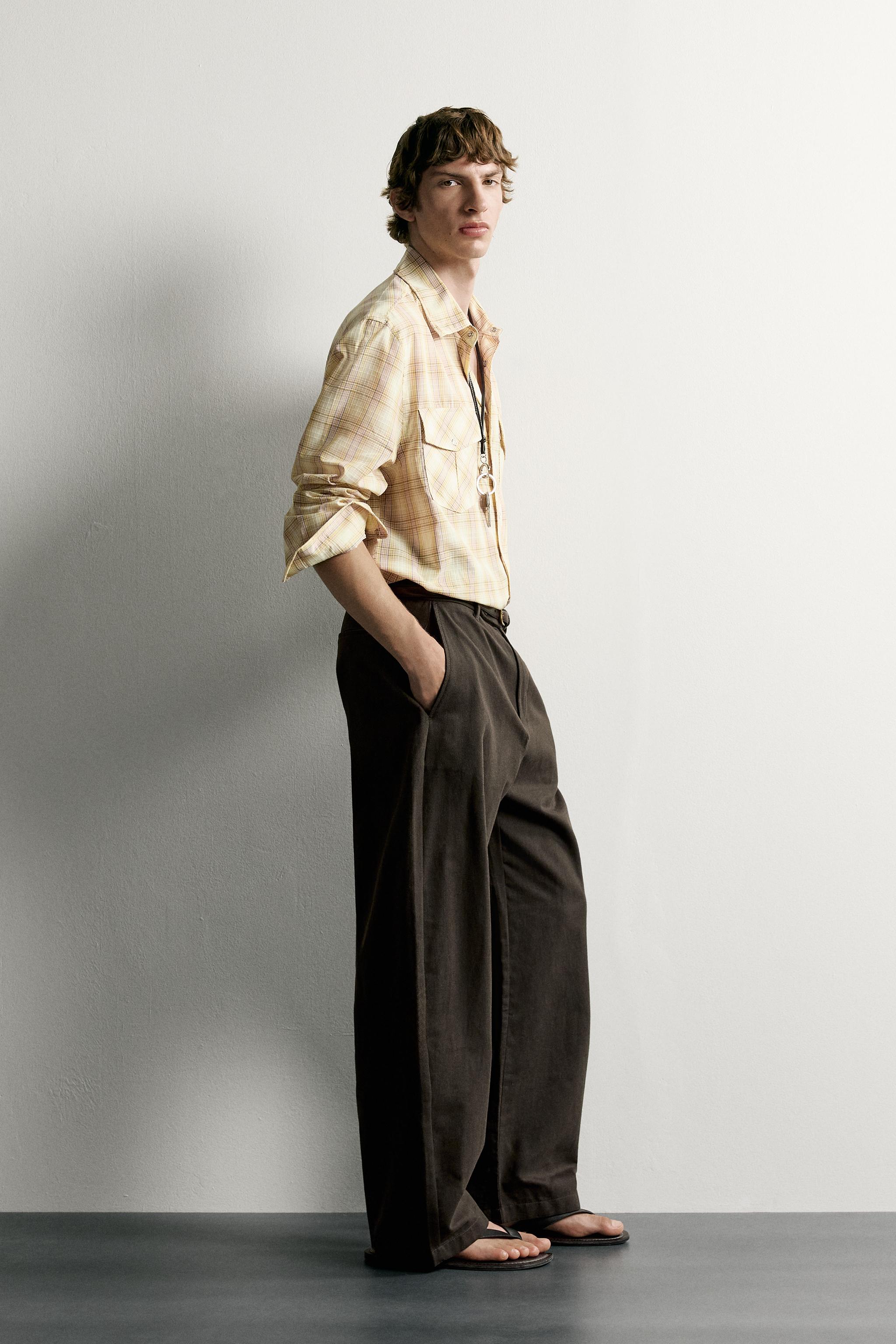 Мужские рубашки Zara RELAXED-FIT PLAID SHIRT WITH POCKETS — фото 4