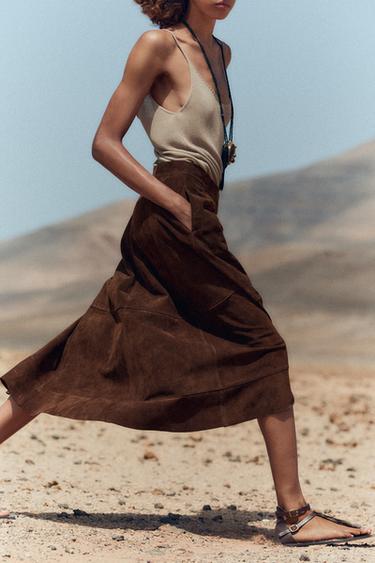 FALDA CAPA PIEL ANTE 100% - Marrón oscuro de Zara